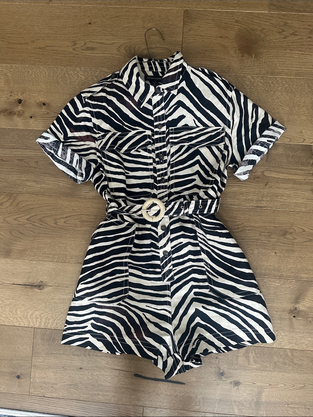 Banana Republic Black and White Zebra Print Short Sleeve Romper with Belt